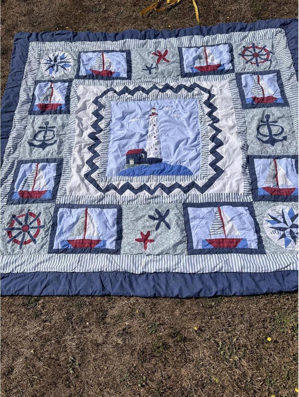 Lighthouse Queen Sized Vintage Nautical Cotton quilt Blue Grey